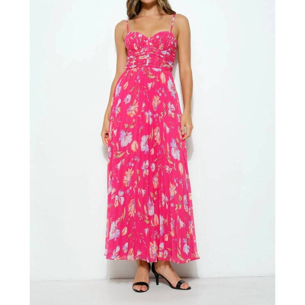 NEW INA FASHION lourdes floral bustier pleated maxi dress in fuchsia
